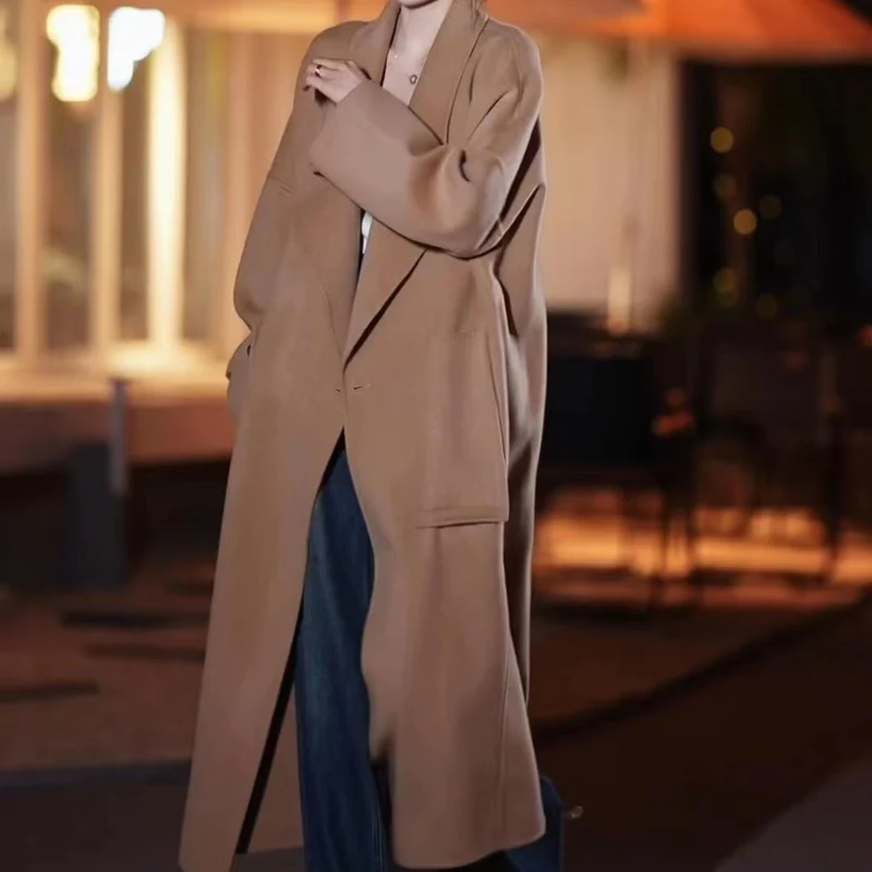 Damen Oversize Wollmixmantel mit offenem Schnitt und tiefen Eingrifftaschen Nord Taschen