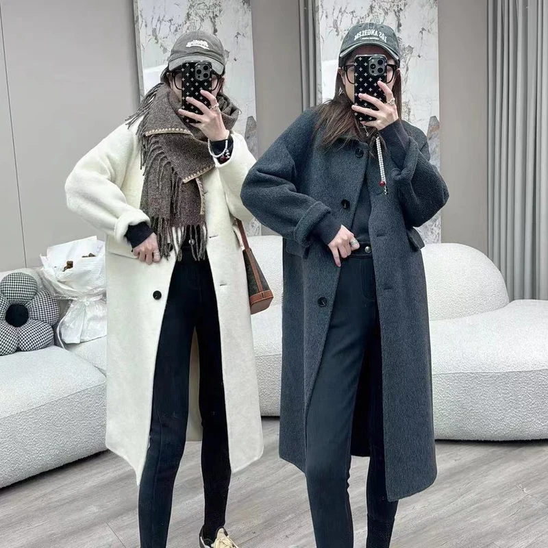 Damen Oversize Wollmix Mantel knielang mit verdeckter Knopfleiste und lässiger Schulterlinie Nord Taschen