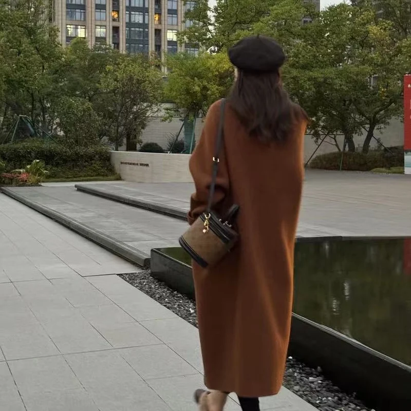 Damen Oversize Wollmix Mantel knielang mit verdeckter Knopfleiste und lässiger Schulterlinie Nord Taschen