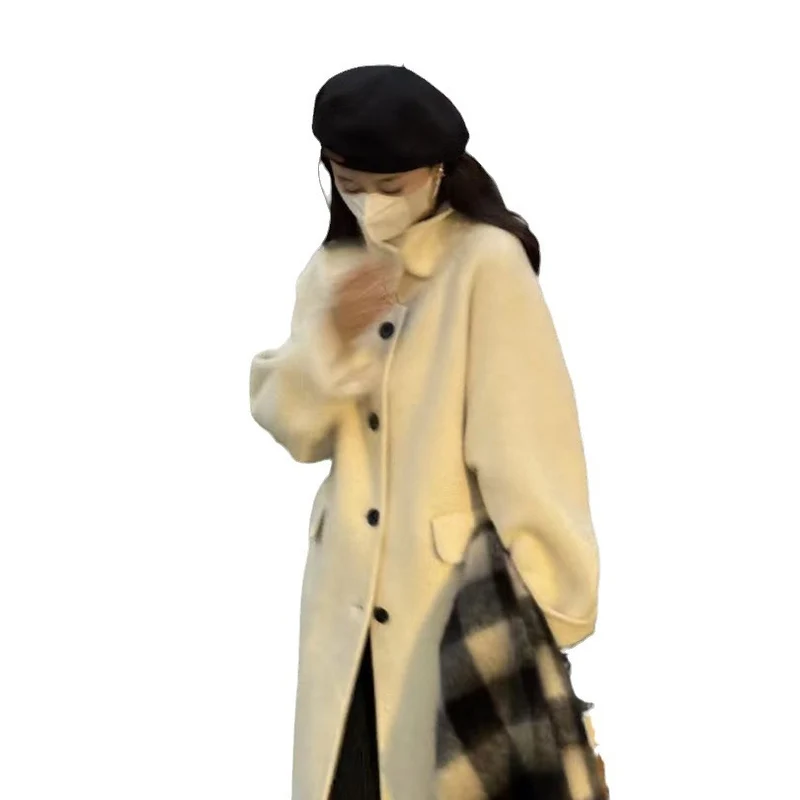Damen Oversize Wollmix Mantel knielang mit verdeckter Knopfleiste und lässiger Schulterlinie Nord Taschen
