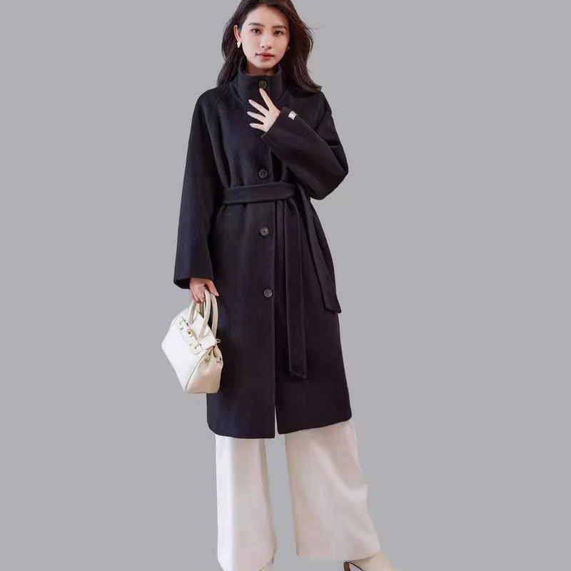 Damen Oversize Wollmantel mit Stehkragen und Taillengürtel Nord Taschen