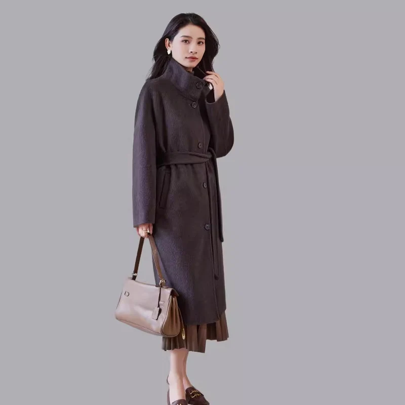 Damen Oversize Wollmantel mit Stehkragen und Taillengürtel Nord Taschen