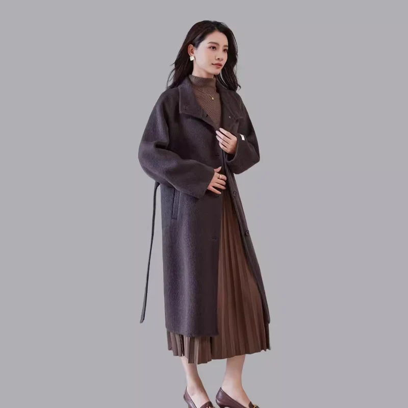 Damen Oversize Wollmantel mit Stehkragen und Taillengürtel Nord Taschen