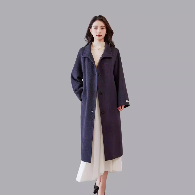 Damen Oversize Wollmantel mit Stehkragen und Taillengürtel Nord Taschen