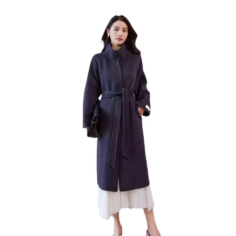 Damen Oversize Wollmantel mit Stehkragen und Taillengürtel Nord Taschen