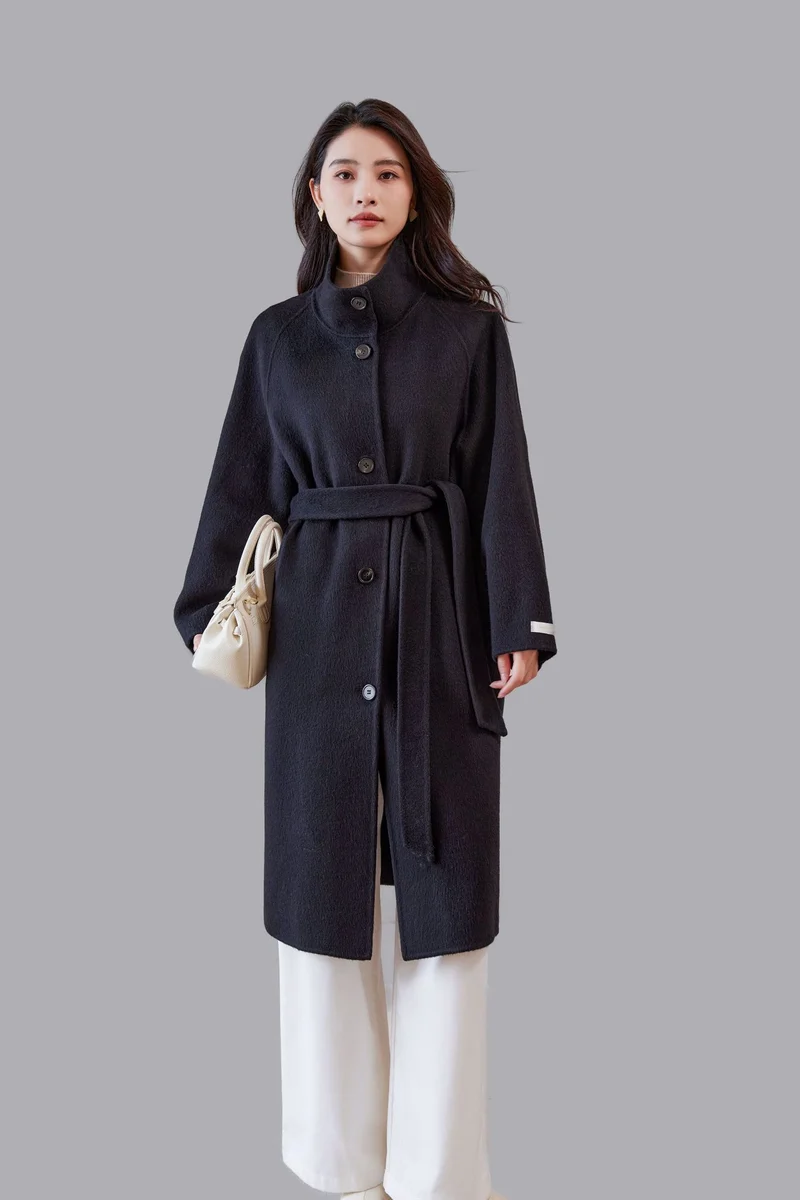 Damen Oversize Wollmantel mit Stehkragen und Taillengürtel Nord Taschen