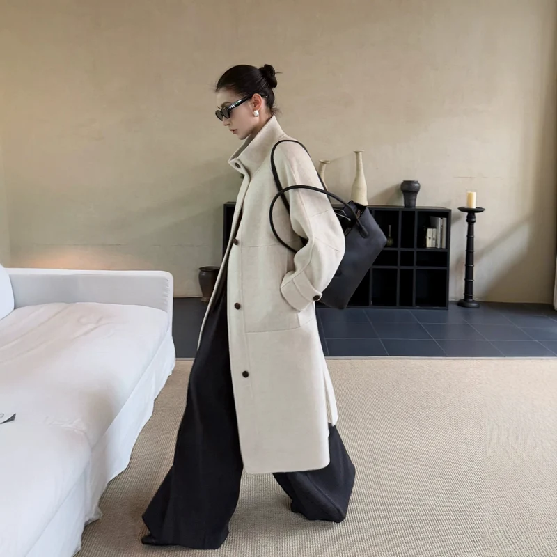 Damen Oversize Wollmantel mit Stehkragen und großen Pattentaschen Nord Taschen