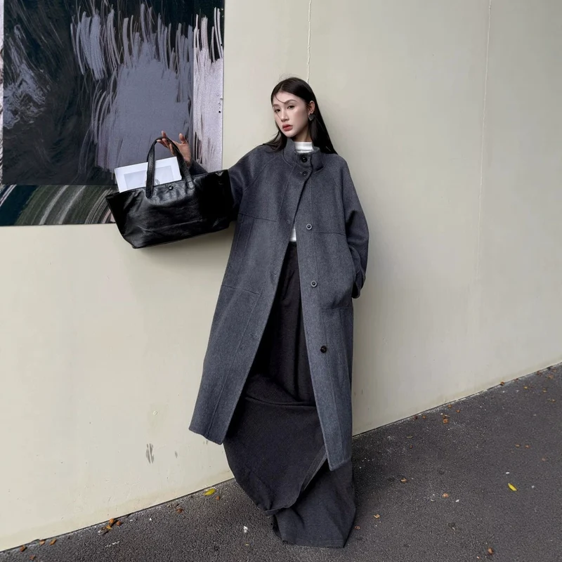 Damen Oversize Wollmantel mit Stehkragen und großen Pattentaschen Nord Taschen