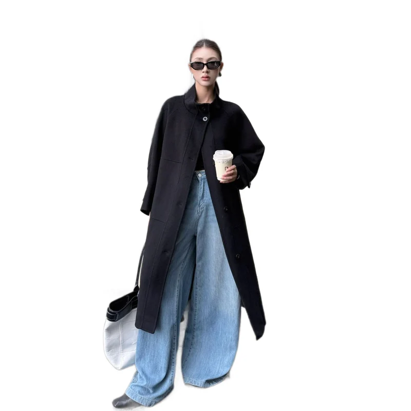 Damen Oversize Wollmantel mit Stehkragen und großen Pattentaschen Nord Taschen