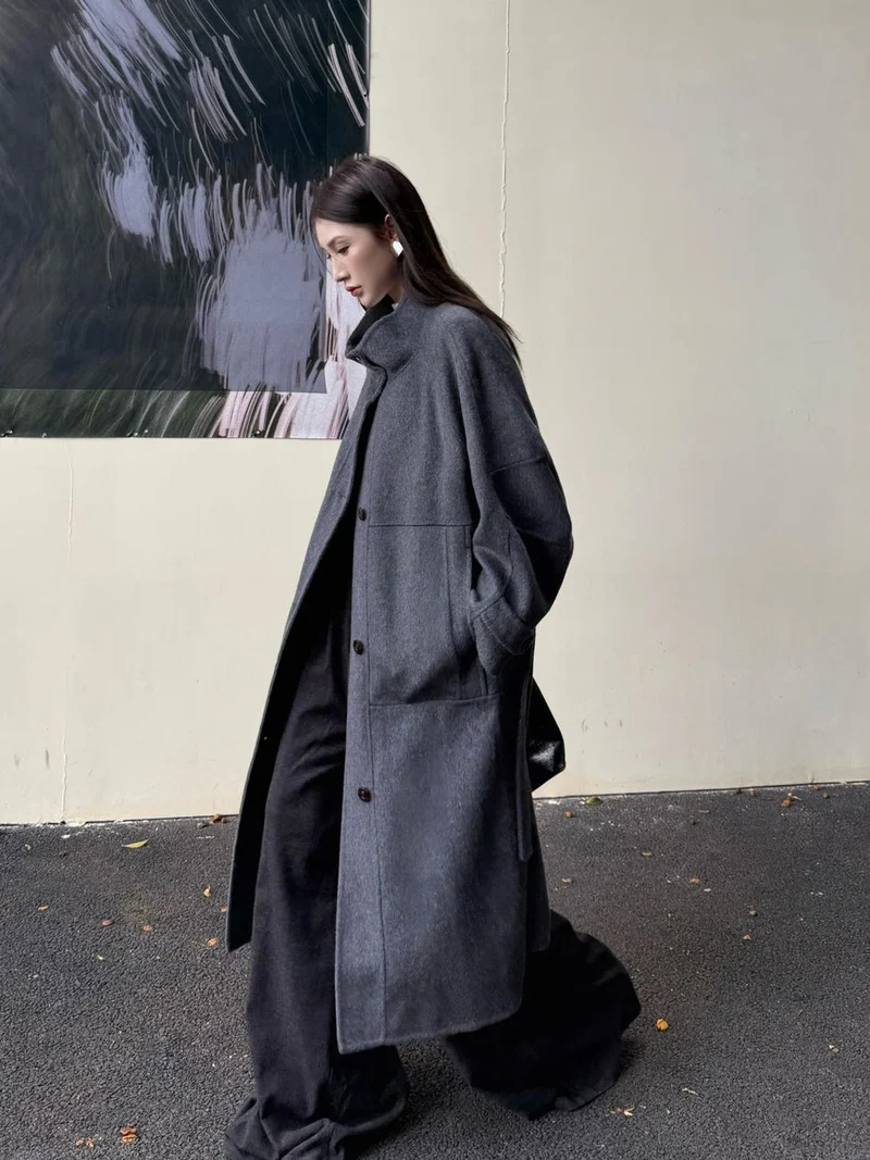 Damen Oversize Wollmantel mit Stehkragen und großen Pattentaschen Nord Taschen