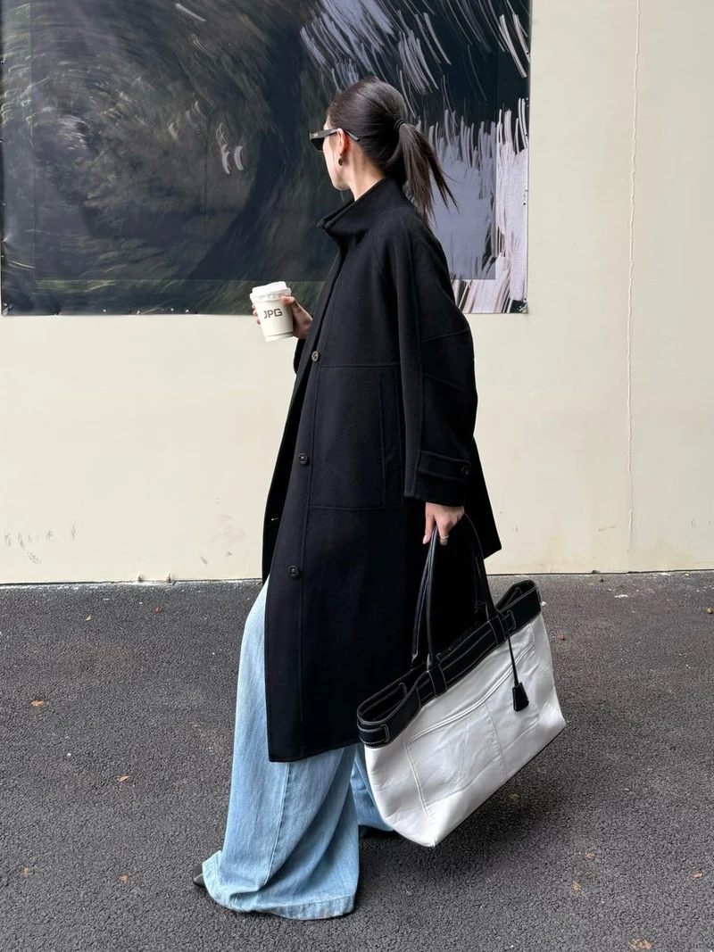 Damen Oversize Wollmantel mit Stehkragen und großen Pattentaschen Nord Taschen
