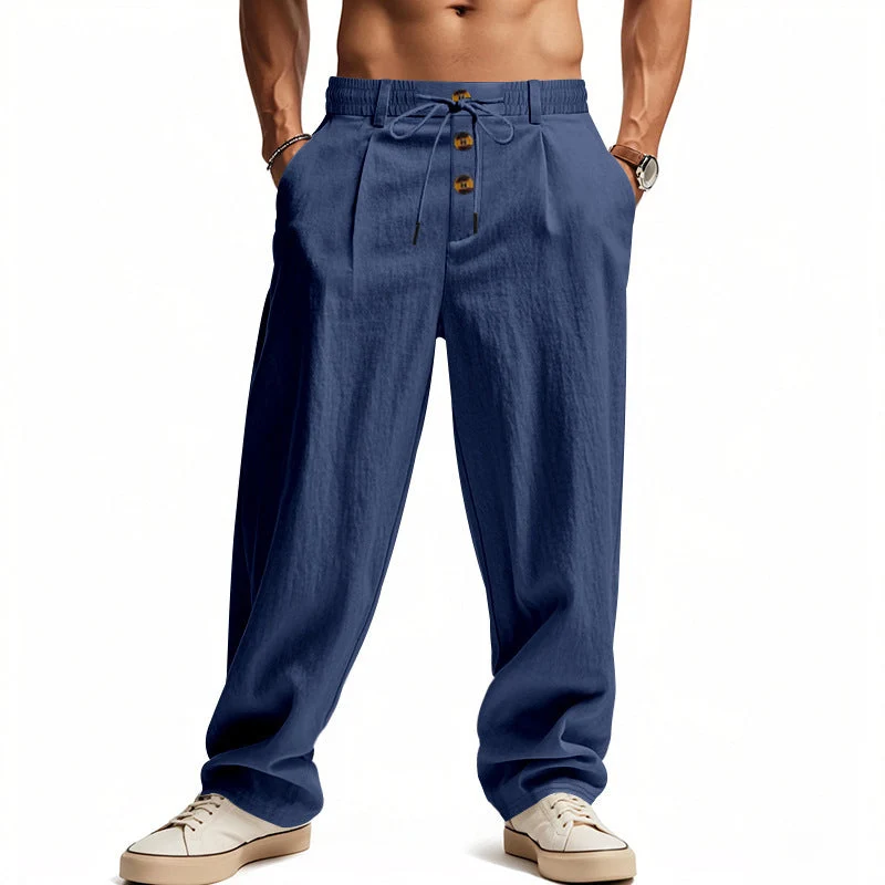 Herren lockere Bundfaltenhose im Leinenlook mit Elastik-Tunnelzug, Zierknopf-Blende und tiefen Eingrifftaschen