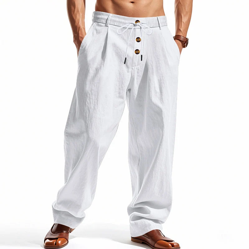 Herren lockere Bundfaltenhose im Leinenlook mit Elastik-Tunnelzug, Zierknopf-Blende und tiefen Eingrifftaschen