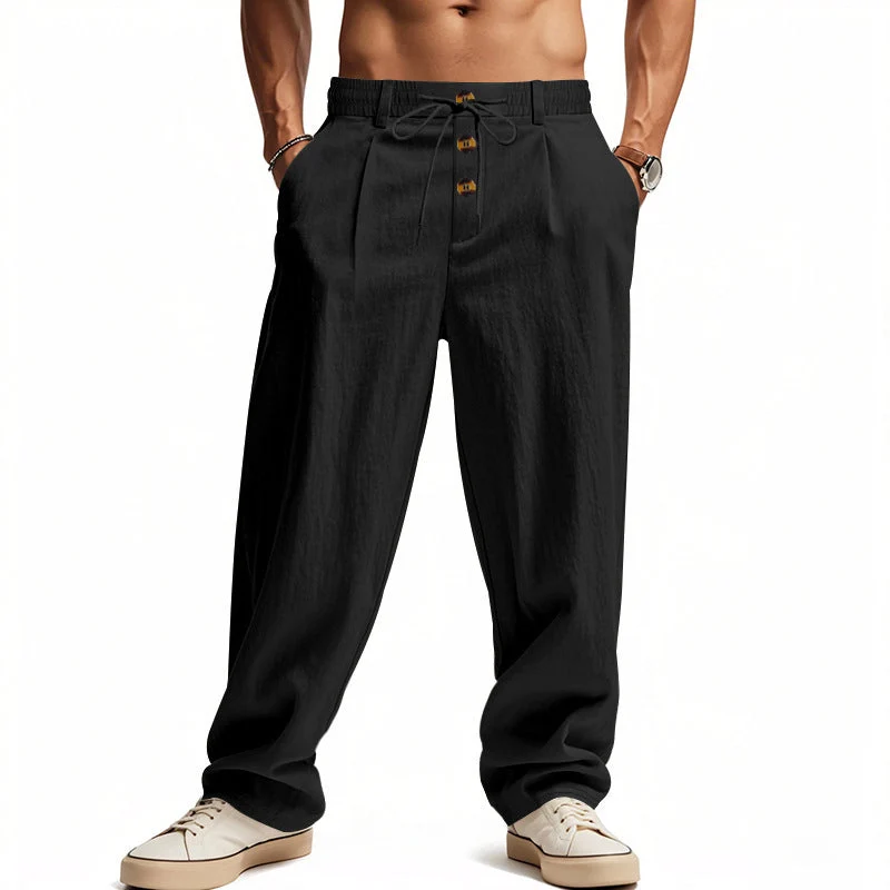 Herren lockere Bundfaltenhose im Leinenlook mit Elastik-Tunnelzug, Zierknopf-Blende und tiefen Eingrifftaschen