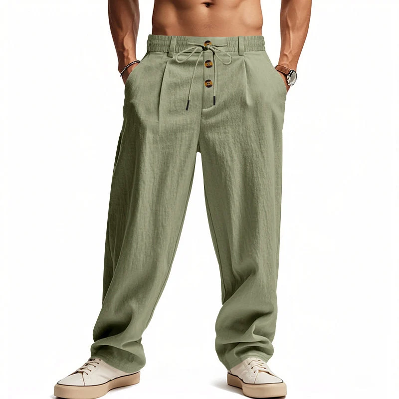 Herren lockere Bundfaltenhose im Leinenlook mit Elastik-Tunnelzug, Zierknopf-Blende und tiefen Eingrifftaschen