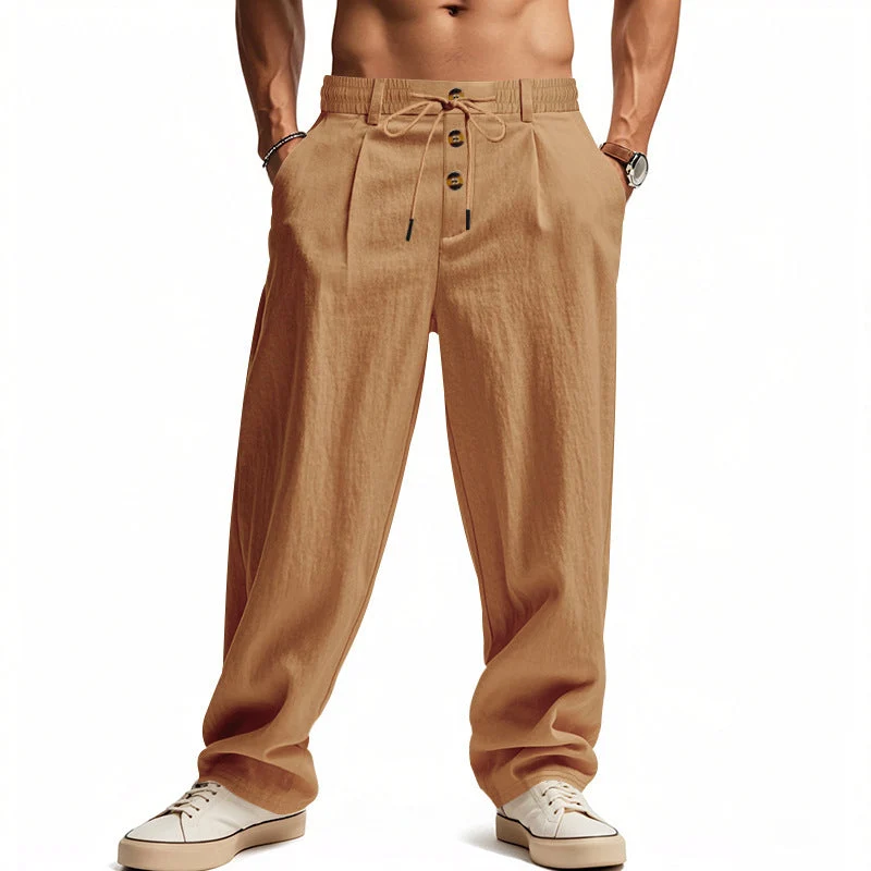 Herren lockere Bundfaltenhose im Leinenlook mit Elastik-Tunnelzug, Zierknopf-Blende und tiefen Eingrifftaschen
