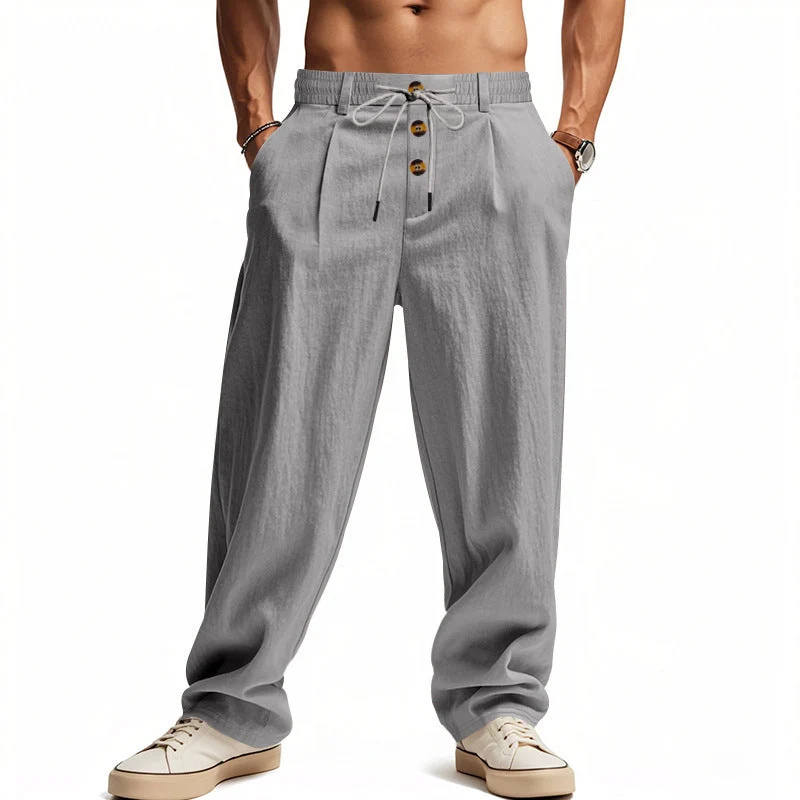 Herren lockere Bundfaltenhose im Leinenlook mit Elastik-Tunnelzug, Zierknopf-Blende und tiefen Eingrifftaschen