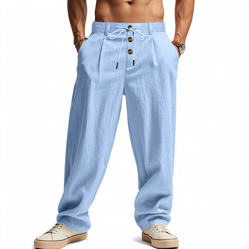 Herren lockere Bundfaltenhose im Leinenlook mit Elastik-Tunnelzug, Zierknopf-Blende und tiefen Eingrifftaschen
