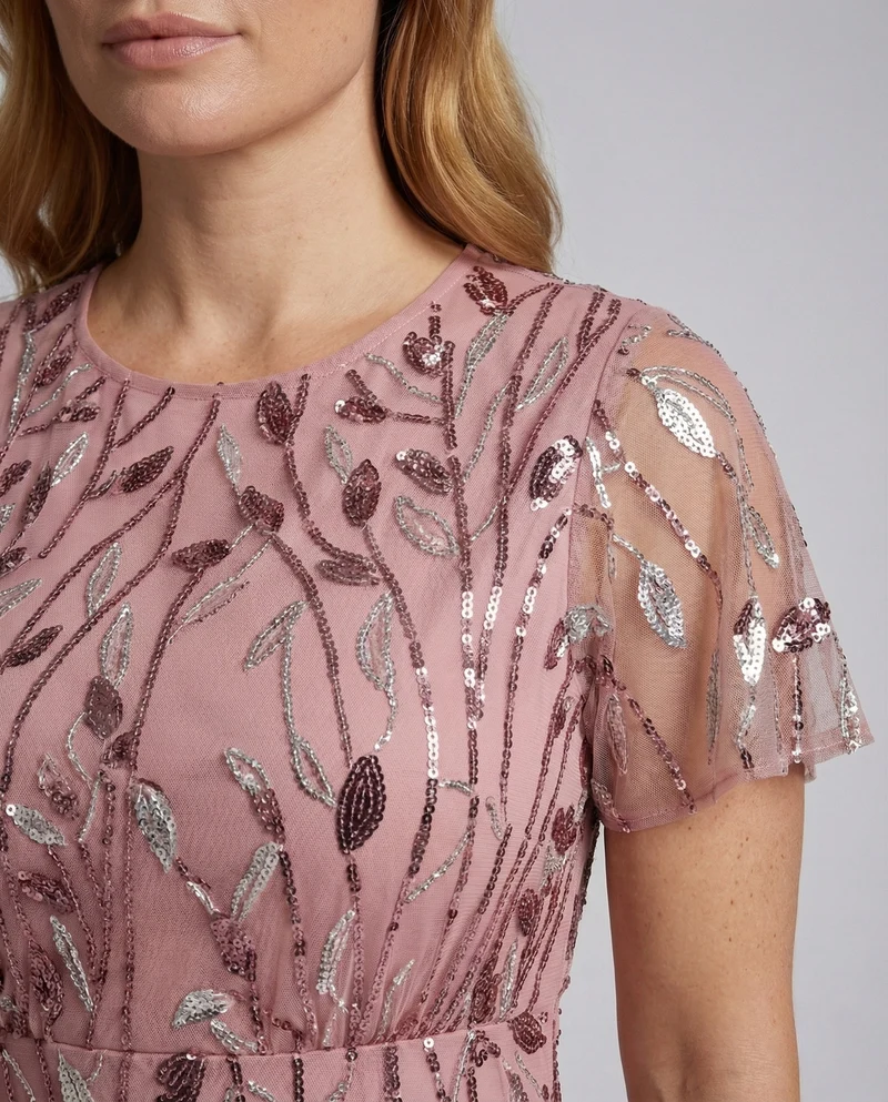 Damen Tüll Abendkleid Pailletten Stickerei Transparente Ärmel