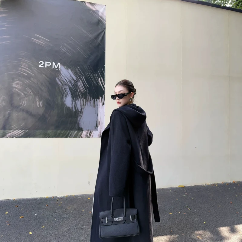 Damen Oversize Wollmantel mit Schalkragen und verdeckter Knopfleiste Nord Taschen