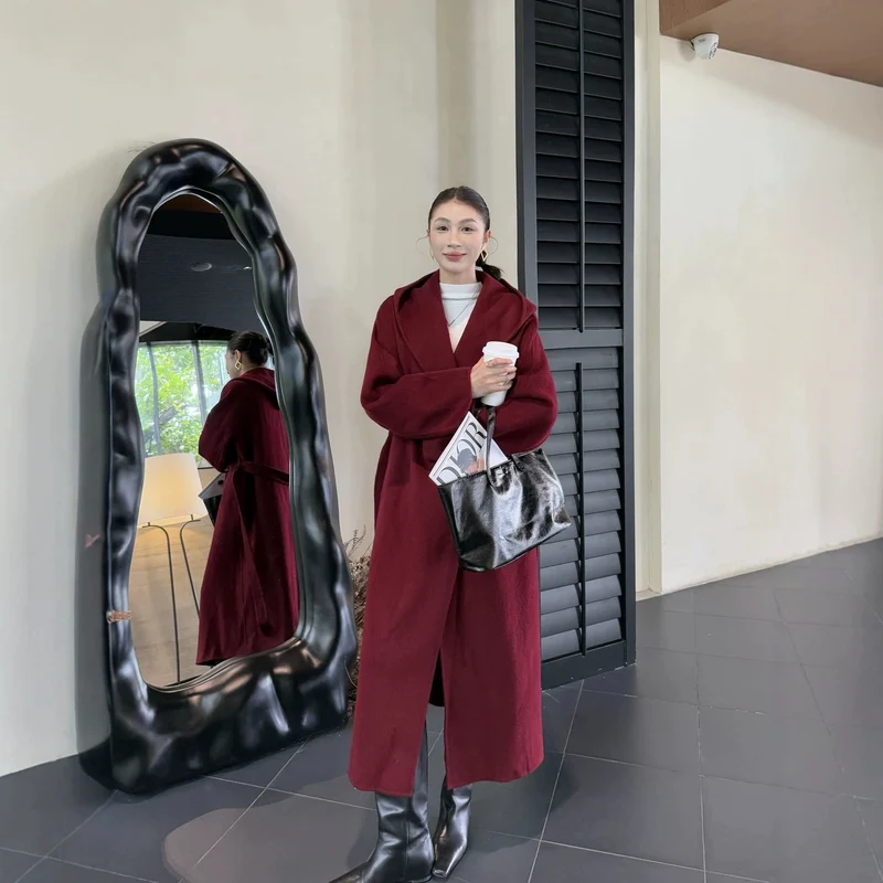 Damen Oversize Wollmantel mit Schalkragen und verdeckter Knopfleiste Nord Taschen