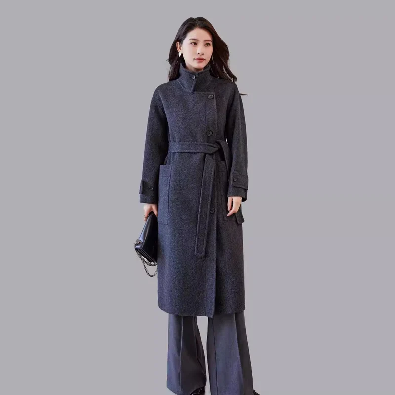 Damen Oversize Wollmantel mit Bindegürtel und weitem Revers Nord Taschen