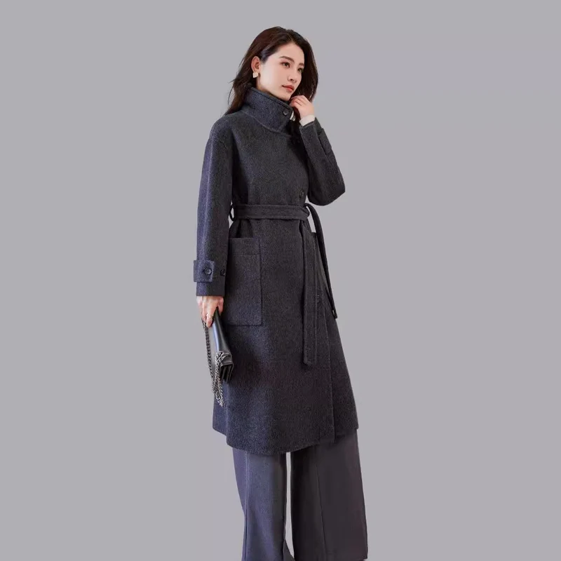 Damen Oversize Wollmantel mit Bindegürtel und weitem Revers Nord Taschen