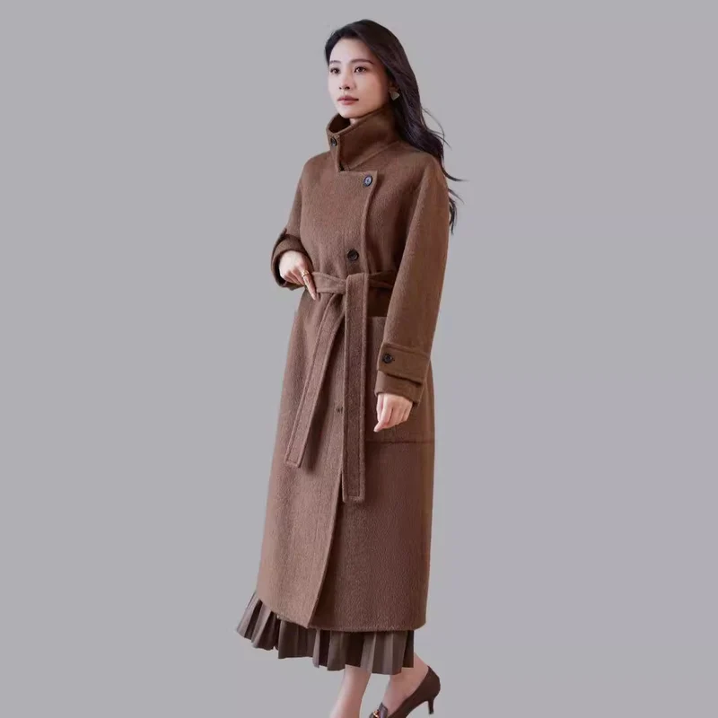 Damen Oversize Wollmantel mit Bindegürtel und weitem Revers Nord Taschen