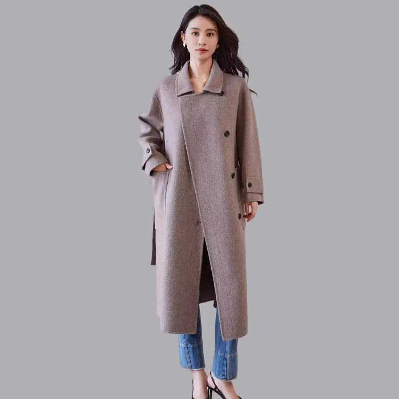 Damen Oversize Wollmantel mit Bindegürtel und weitem Revers Nord Taschen