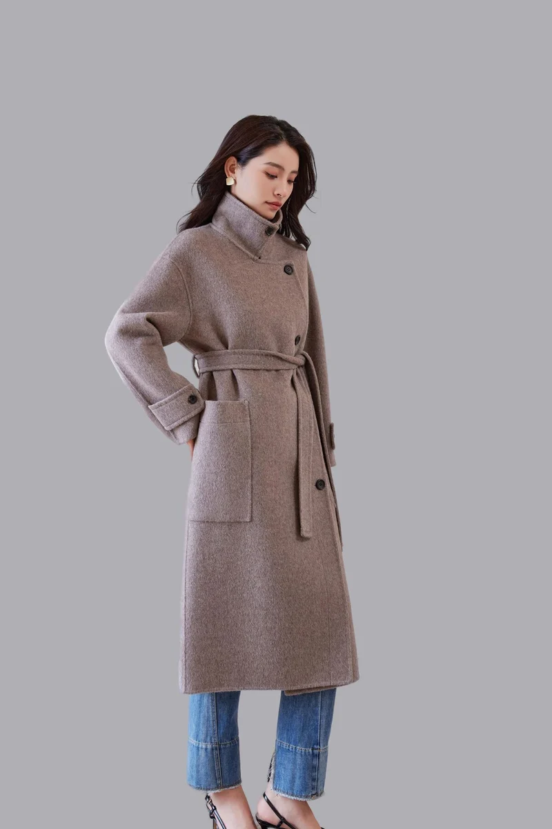 Damen Oversize Wollmantel mit Bindegürtel und weitem Revers Nord Taschen