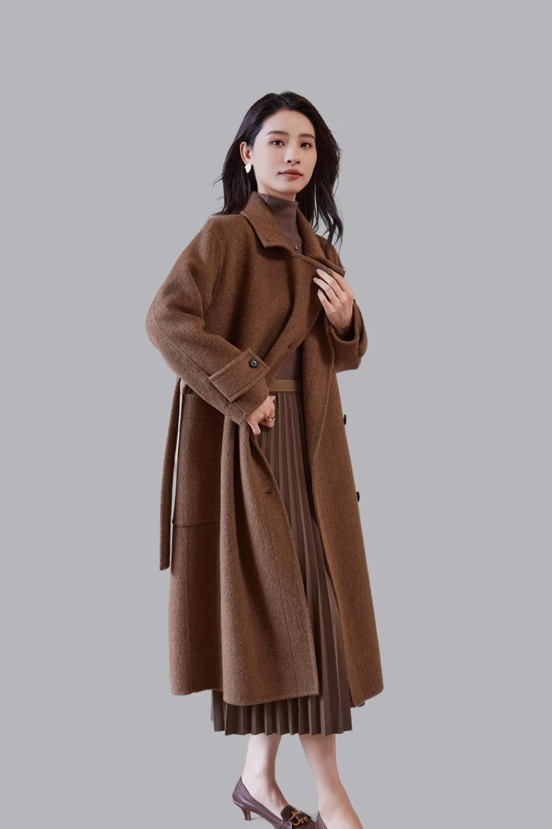 Damen Oversize Wollmantel mit Bindegürtel und weitem Revers Nord Taschen