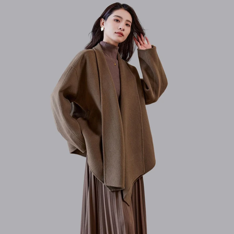 Damen Oversize-Mantel aus Wollmix mit offenem Schalkragen und asymmetrischem Saum Nord Taschen