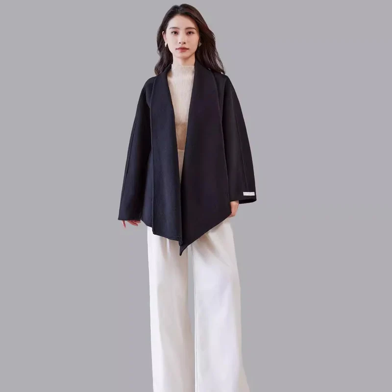 Damen Oversize-Mantel aus Wollmix mit offenem Schalkragen und asymmetrischem Saum Nord Taschen