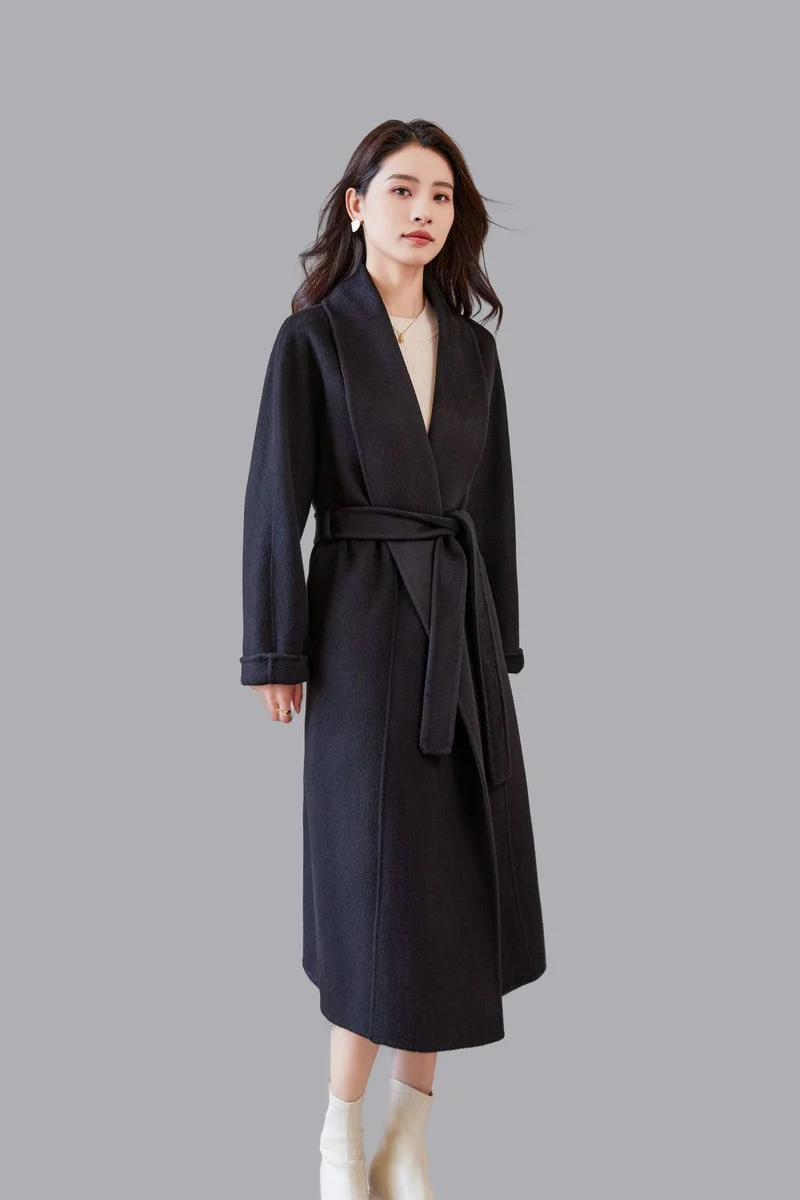Damen Midilanger Wickelmantel mit Bindegürtel und Schalkragen Nord Taschen