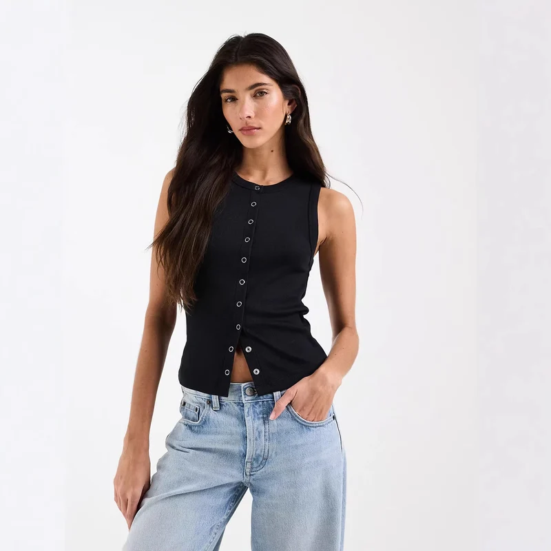Damen Ärmelloses Rippenshirt mit durchgehender Knopfleiste