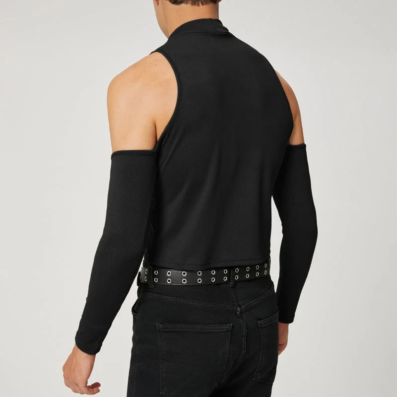 Unisex kurzes Rippstrick-Oberteil mit abnehmbaren Armstulpen und schulterfreien Einsätzen