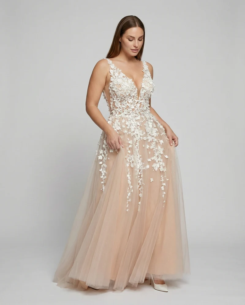 Elegantes Hochzeitskleid Stickerei Langer Rock