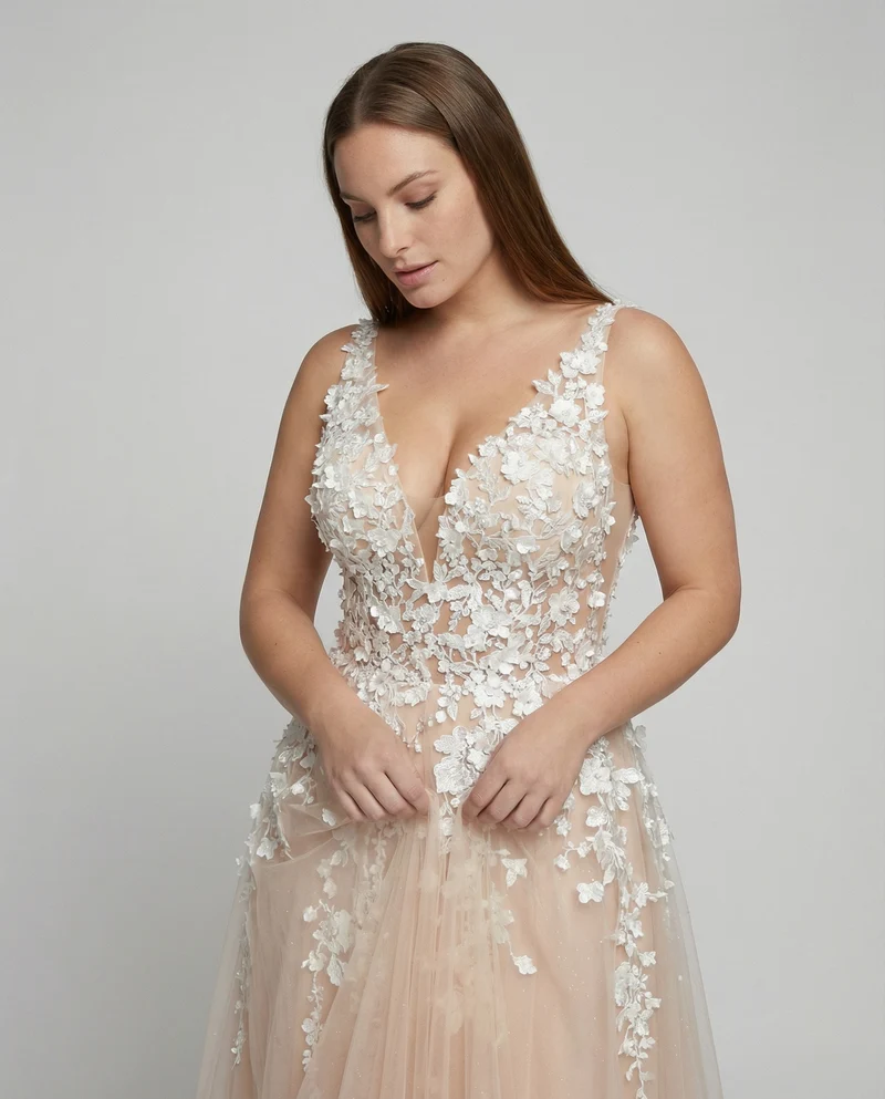 Elegantes Hochzeitskleid Stickerei Langer Rock
