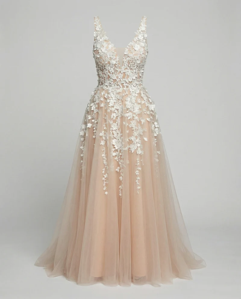 Elegantes Hochzeitskleid Stickerei Langer Rock