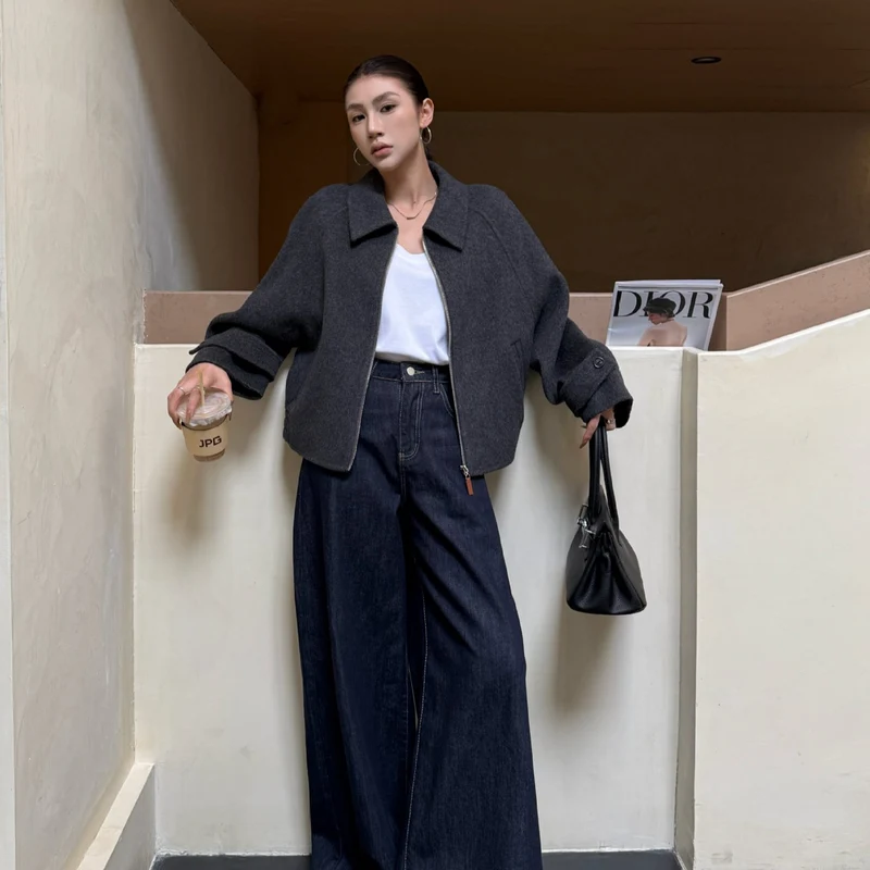 Damen Kurzjacke aus Wollmix mit Reißverschluss und weitem Kragen Nord Taschen