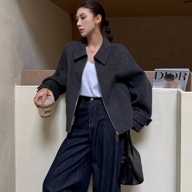 Damen Kurzjacke aus Wollmix mit Reißverschluss und weitem Kragen Nord Taschen