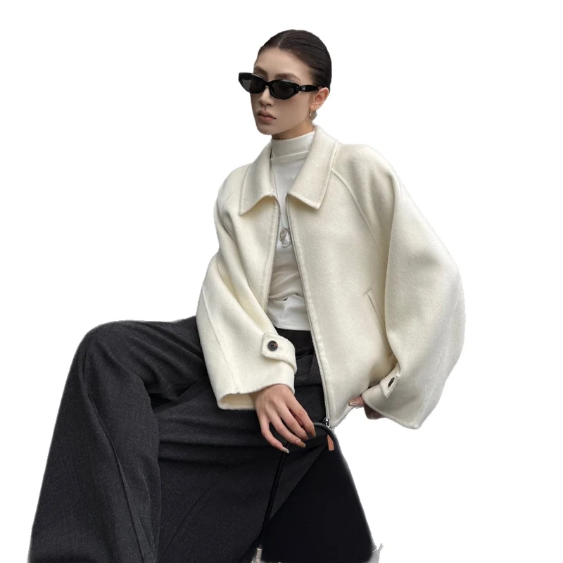 Damen Kurzjacke aus Wollmix mit Reißverschluss und weitem Kragen Nord Taschen