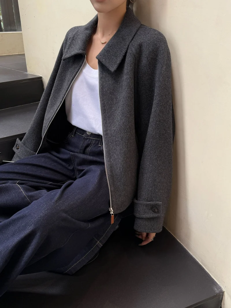 Damen Kurzjacke aus Wollmix mit Reißverschluss und weitem Kragen Nord Taschen