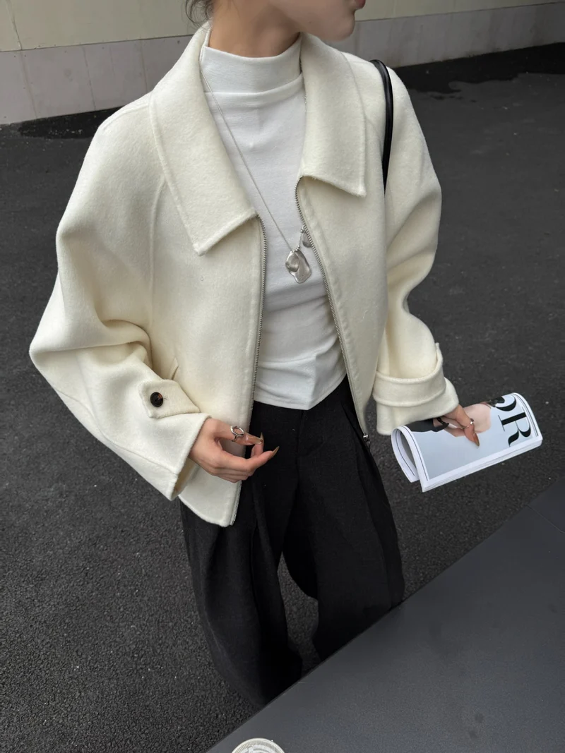 Damen Kurzjacke aus Wollmix mit Reißverschluss und weitem Kragen Nord Taschen