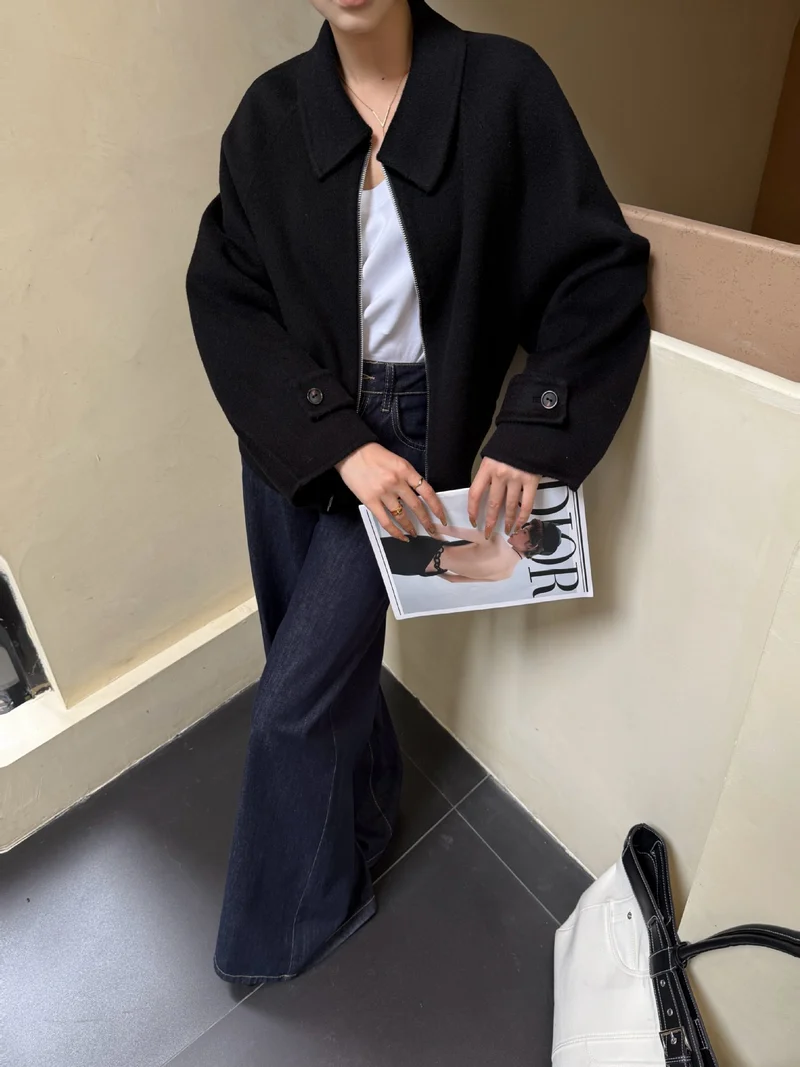 Damen Kurzjacke aus Wollmix mit Reißverschluss und weitem Kragen Nord Taschen