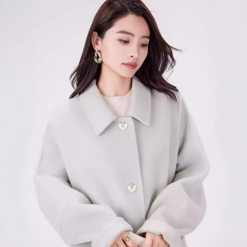 Damen Kurzer Wollmix-Boxymantel mit dekorativen Herzknöpfen Nord Taschen