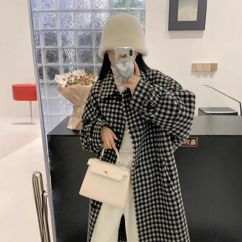 Damen Hahnentritt Oversize Wollmix-Mantel mit weitem Schnitt und Knopfverschluss Nord Taschen