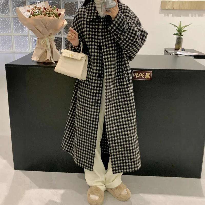 Damen Hahnentritt Oversize Wollmix-Mantel mit weitem Schnitt und Knopfverschluss Nord Taschen