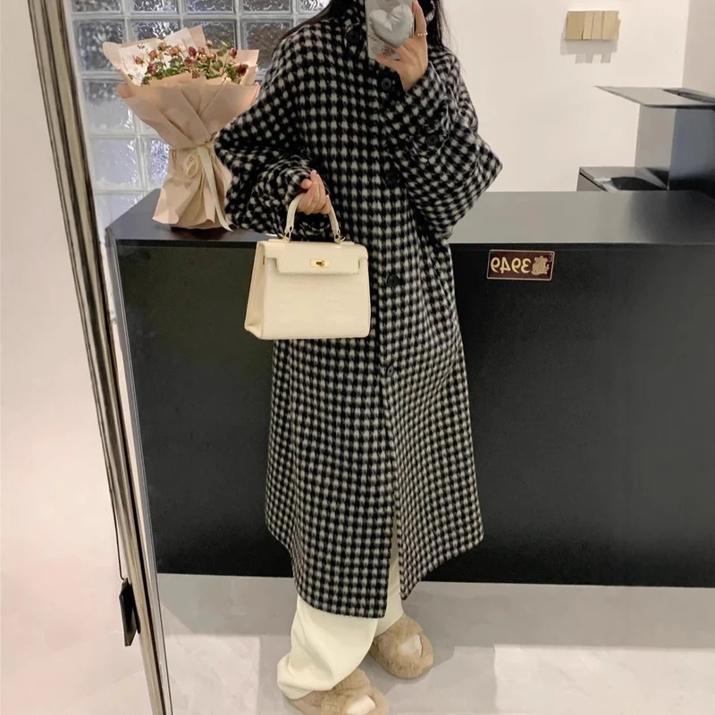 Damen Hahnentritt Oversize Wollmix-Mantel mit weitem Schnitt und Knopfverschluss Nord Taschen