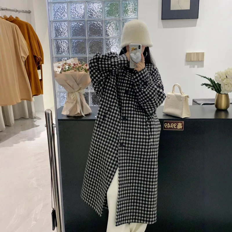 Damen Hahnentritt Oversize Wollmix-Mantel mit weitem Schnitt und Knopfverschluss Nord Taschen